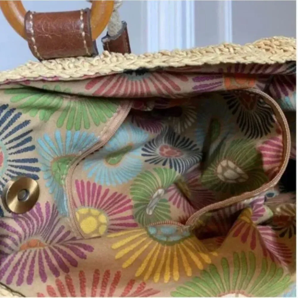 Fossil Multi-Colored Raffia Straw Shoulder Bag with Leather Straps Wood Accents